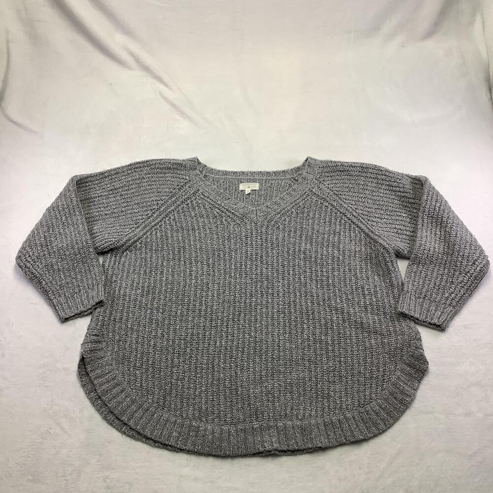 Lou & Grey Sweater Womens Medium Gray V Neck Raglan 3/4 Sleeve Pullover Knit
